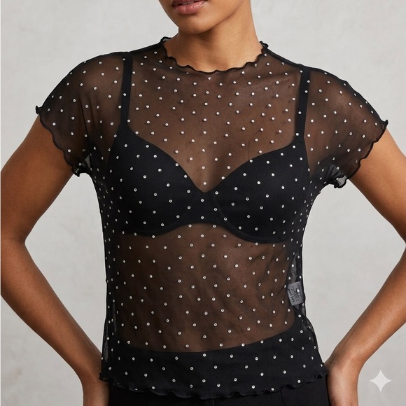 Tops - Sheer Black Dot Mesh Top with Pearl-Like Embellishments